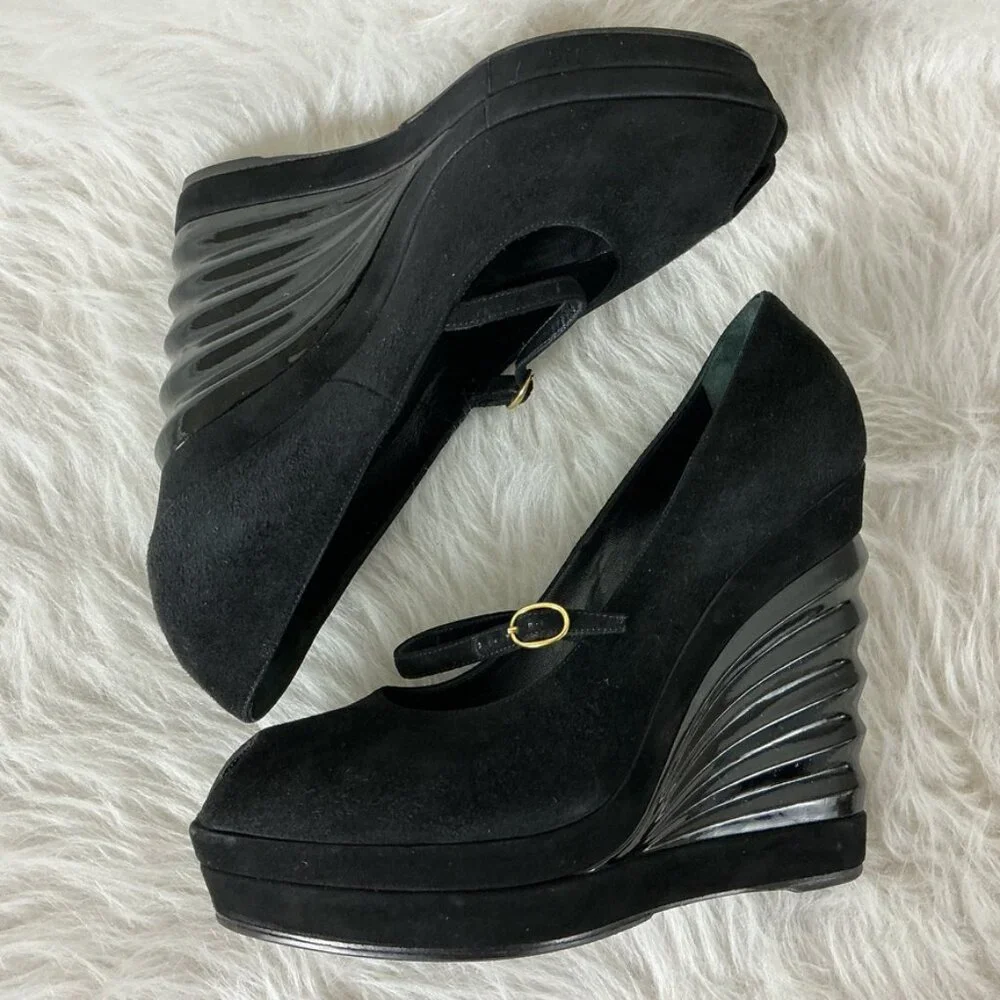 YSL Yves Saint Laurent Black Suede Robyn Winged Molded Wedge Pumps 39.5 US 9.5